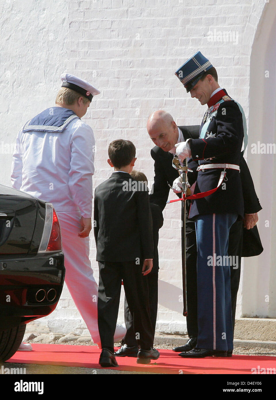 Prince Joachim of Denmark (2-R) arrives with his sons Prince Nikolai and Prince Felix for his church wedding with Marie Chevallier in Mogeltonder, Denmark, 24 May 2008. Photo: Albert Philip van der Werf (NETHERLANDS OUT) Stock Photo