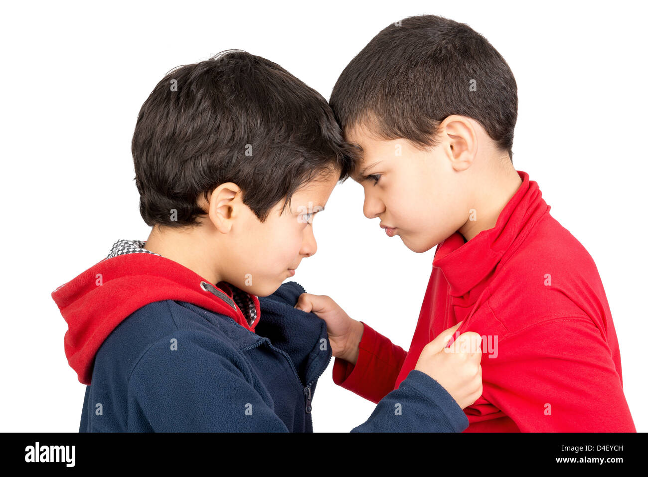 Two boys fighting isolated in white Stock Photo