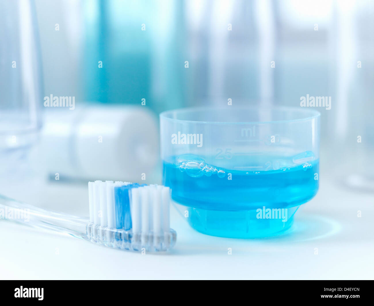 Close up of toothbrush and mouthwash Stock Photo