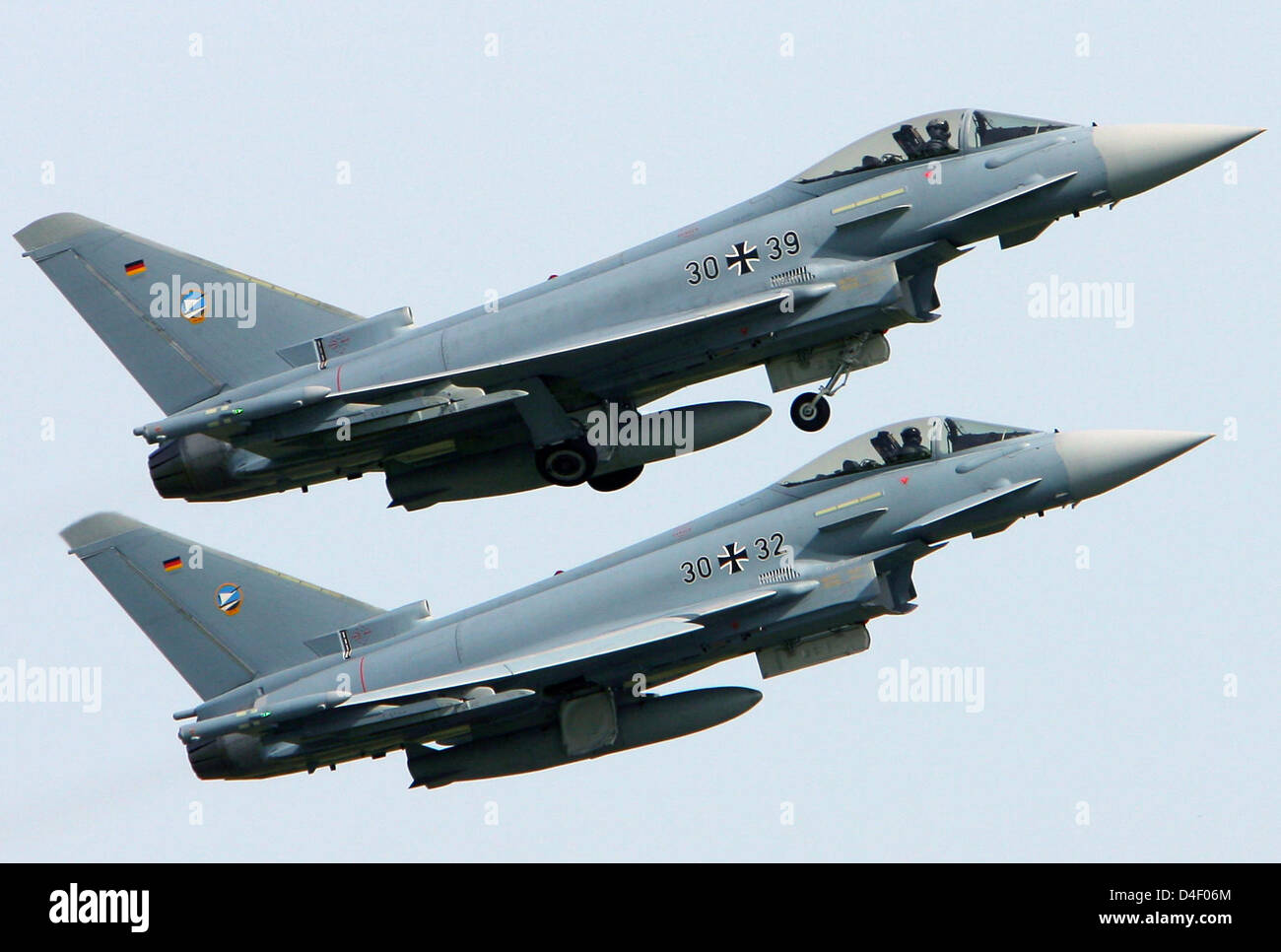 Two Eurofighters take off at air base Laage heading for the