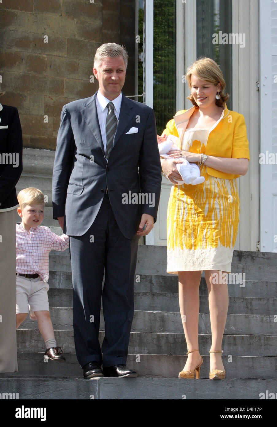 Princess Mathilde, who holds her daughter Princess Eleonore, Prince Philippe and their son Emmanuel of Belgium are pictured during the celebration of Queen Fabiola's 80th birthday at Laeken Castle in Brussels, Belgium, 03 June 2008. Photo: Albert Nieboer (NETHERLANDS OUT) Stock Photo