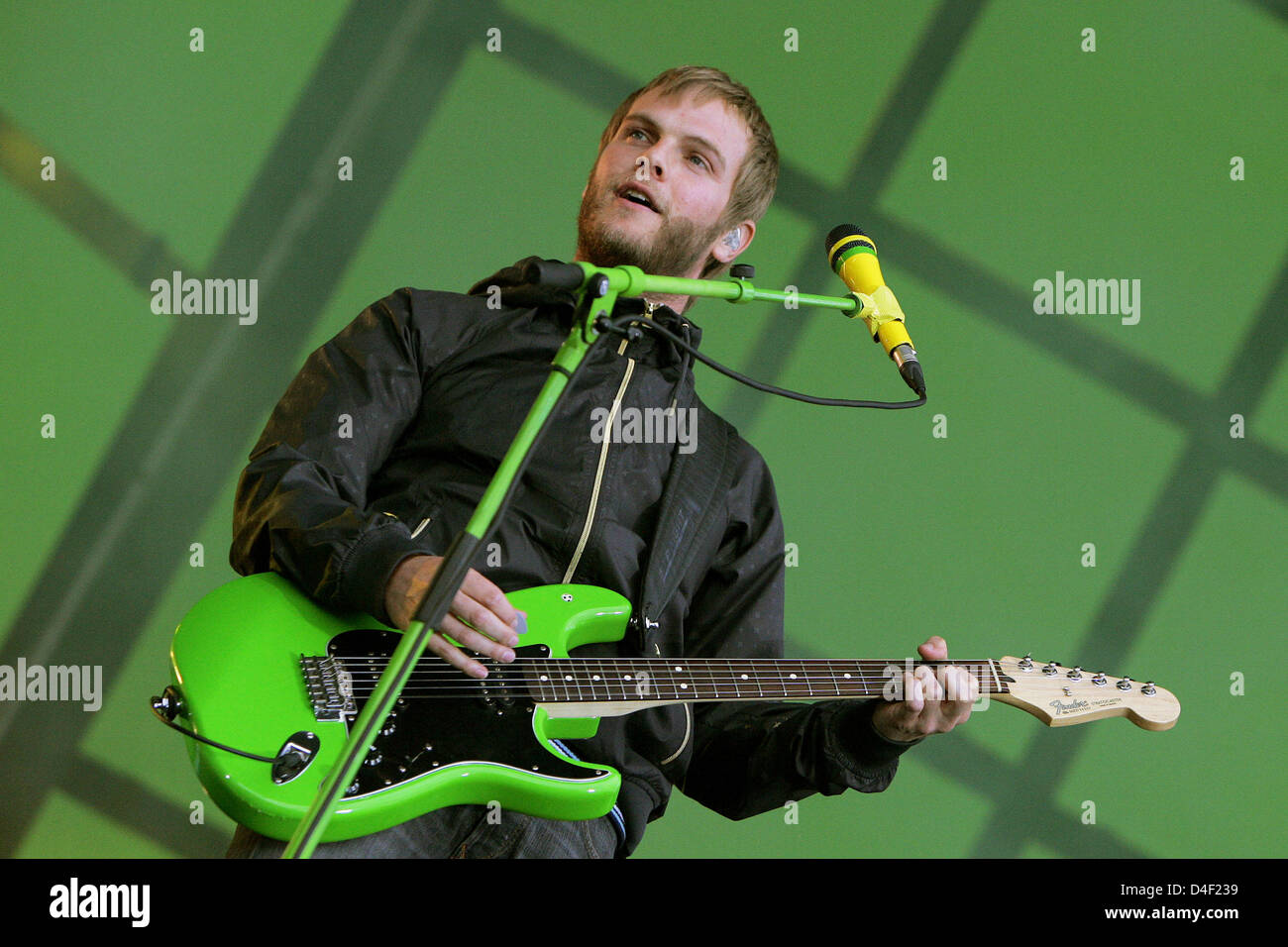 Singer and guitarist Peter Brugger of German band 'Sportfreunde Stiller' is pictured during his performance at open air festival 'Rock im Park' in Nuremberg, Germany, 06 June 2008. The biggest music festival of Southern Germany started the same day with sunny weather. Modern and classical rock music on three stages will be presented by 92 performers till 08 June 2008. Photo: Daniel Stock Photo