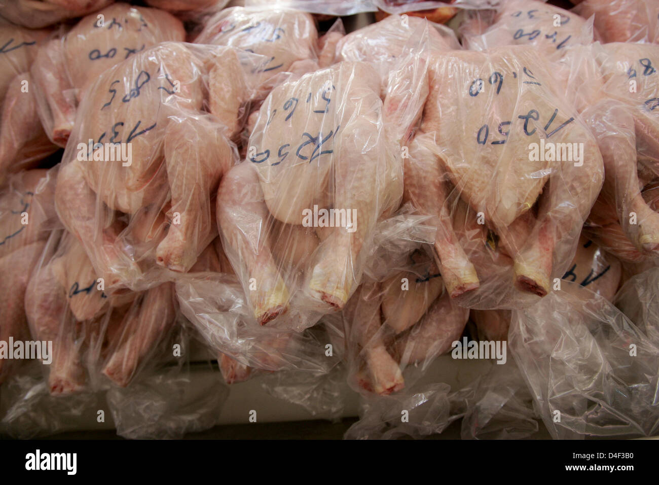 Fresh chicken packed in plastic bags and labelled with indications of