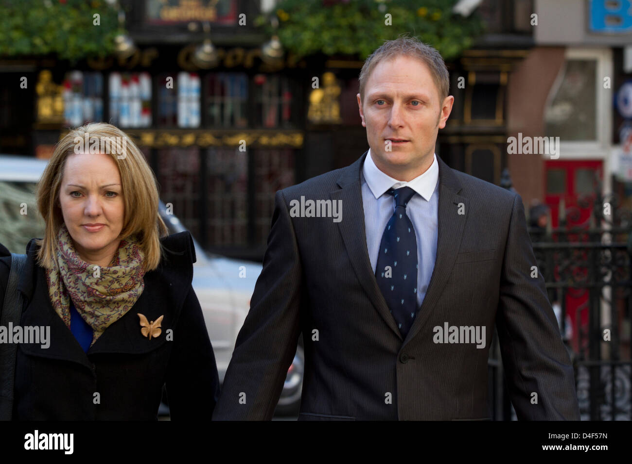 London, UK. 13th March 2013. SAS sniper Danny Nightingale arrives at court with wife Sally to hear if the courts of appeal will overturn his 18 month conviction for illegal possession of a gun and ammunition. Credit:  amer ghazzal / Alamy Live News Stock Photo