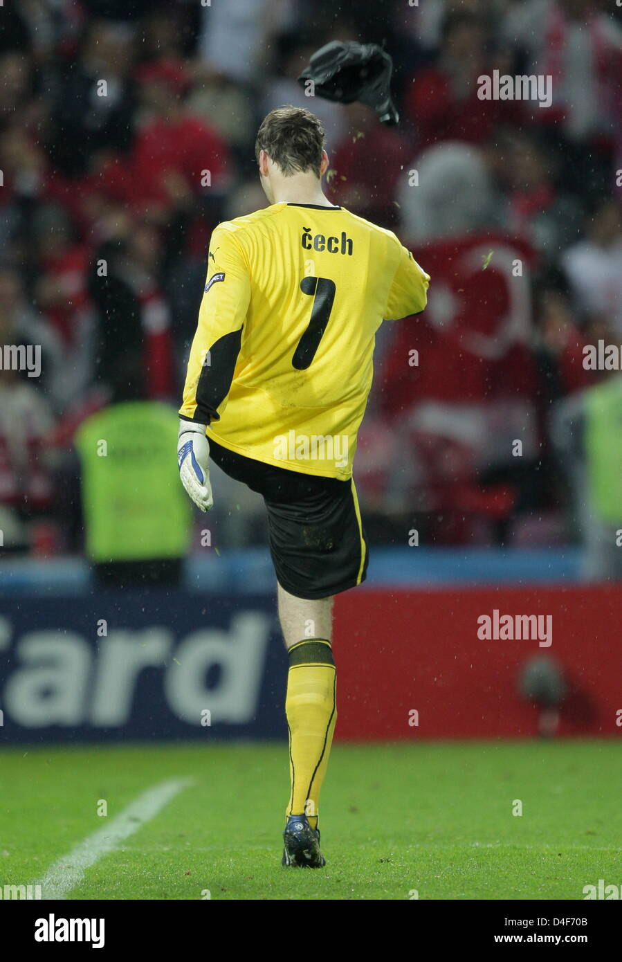 Goalkeeper Petr Cech kicks his helmet away after the UEFA EURO 2008 ...