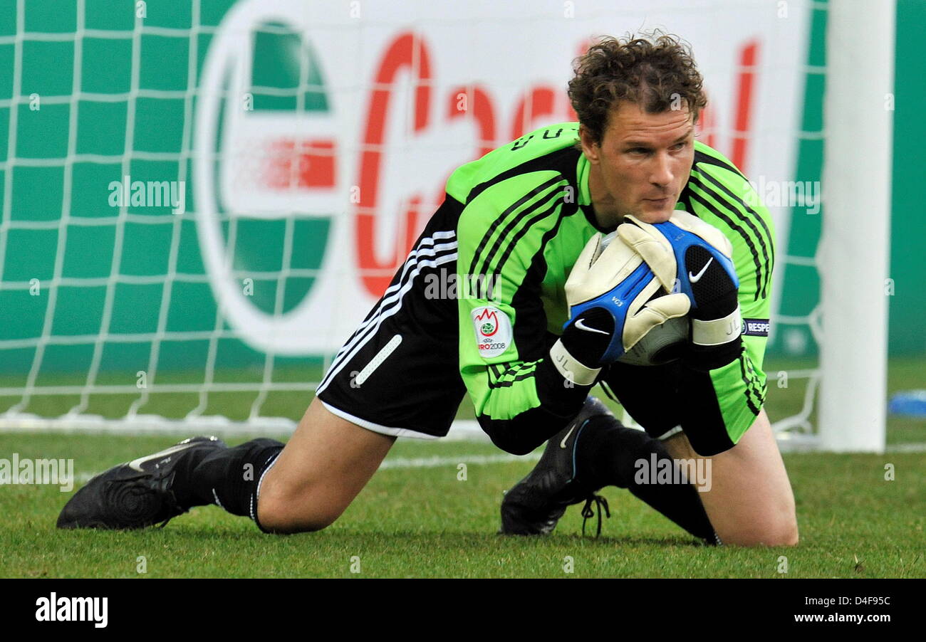 Goalkeeper Jens Lehmann of Germany saves the ball during the UEFA EURO 2008 quarter final match between Portugal and Germany at the St. Jakob-Park stadium in Basel, Switzerland 19 June 2008. Photo: Peter Kneffel dpa +please note UEFA restrictions particulary in regard to slide shows and 'No Mobile Services'+ +++###dpa###+++ Stock Photo