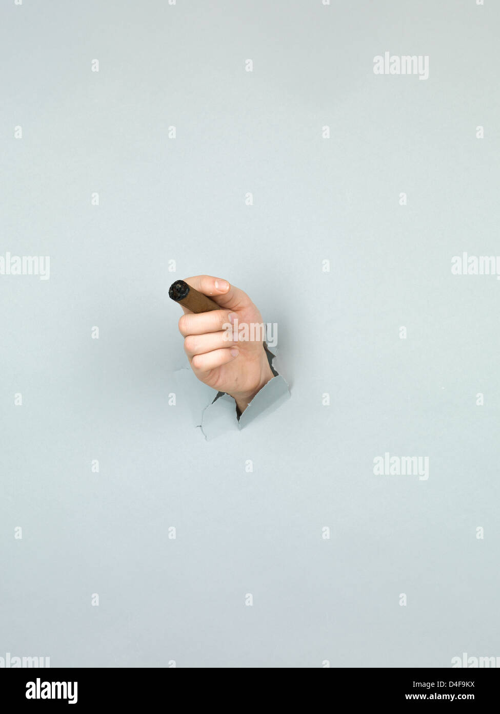close-up of male hand holding a cigar through a torn grey paper Stock Photo