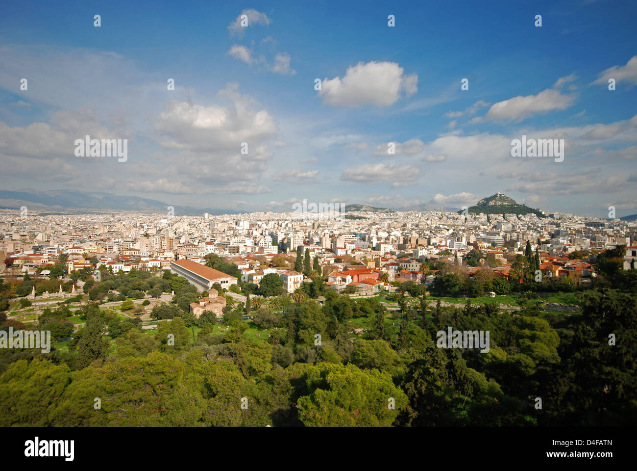 Skyline of Athens, Greece, seen from Mars Hill, with the Agora in the foreground Stock Photo