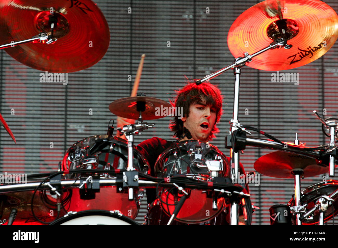 Drummer Rob Bourdon of US band 'Linkin Park' performs at the start of their tour at 'Reitstadium' in Munich, Germany, 21 June 2008. Besides Munich the band will also play in Berlin and Duesseldorf. Photo: Matthias Schrader Stock Photo