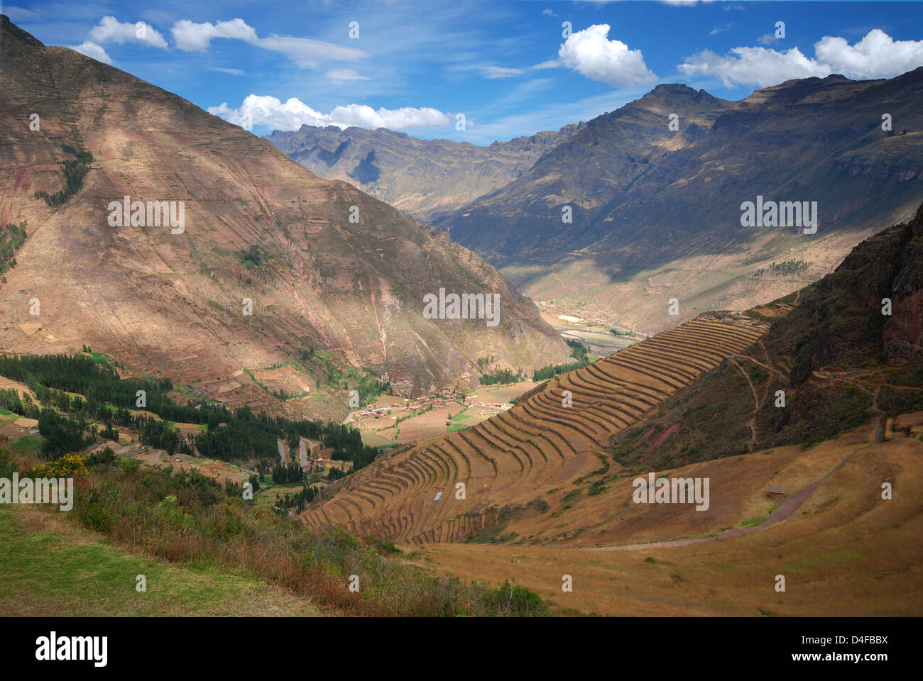 Agricultural terraces in the Andes mountains along the Sacred Valley, Peru Stock Photo