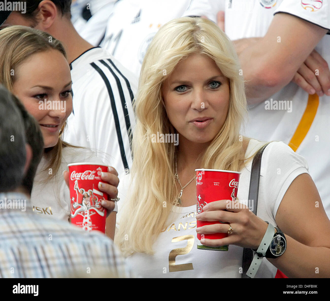 Melanie (L), girlfriend of Germanys Piotr Trochowski, and Julia Gödicke,  girlfriend Germanys Marcell Jansen prior to the UEFA EURO 2008 semifinal  match between Germany and Turkey at the St. Jakob-Park stadium in