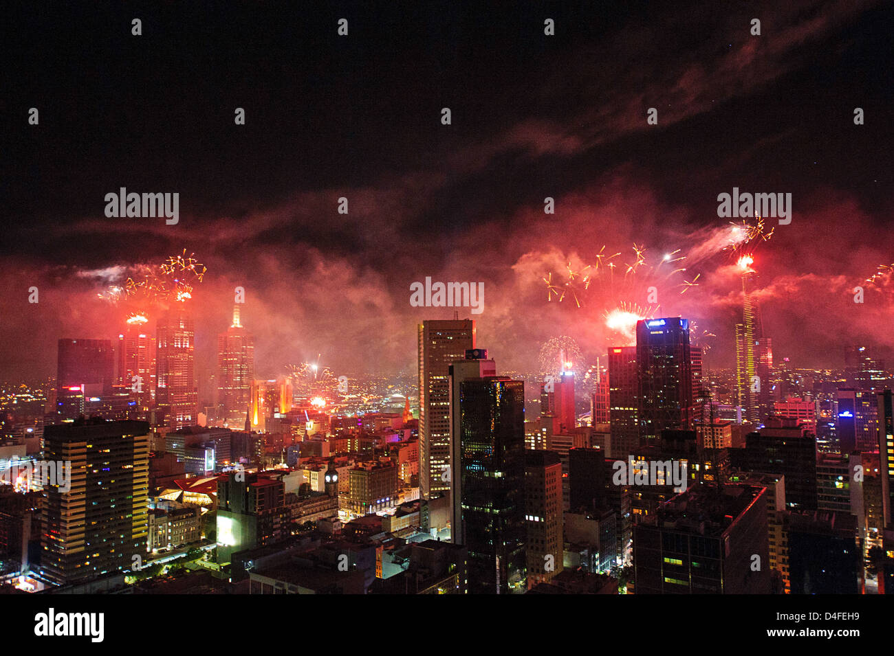 New Year fireworks light up the sky over Melbourne, the capital of the Australian state of Victoria. Stock Photo