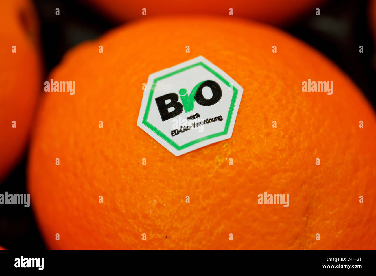 Berlin, Germany, Orange with EU organic seal at Fruit Logistica 2011