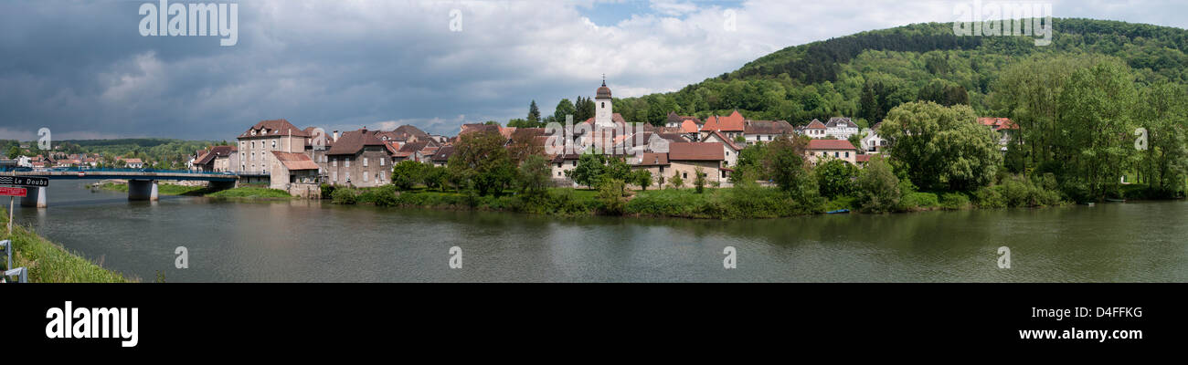 Panoramic view on Clerval, Le Doubs river France Stock Photo