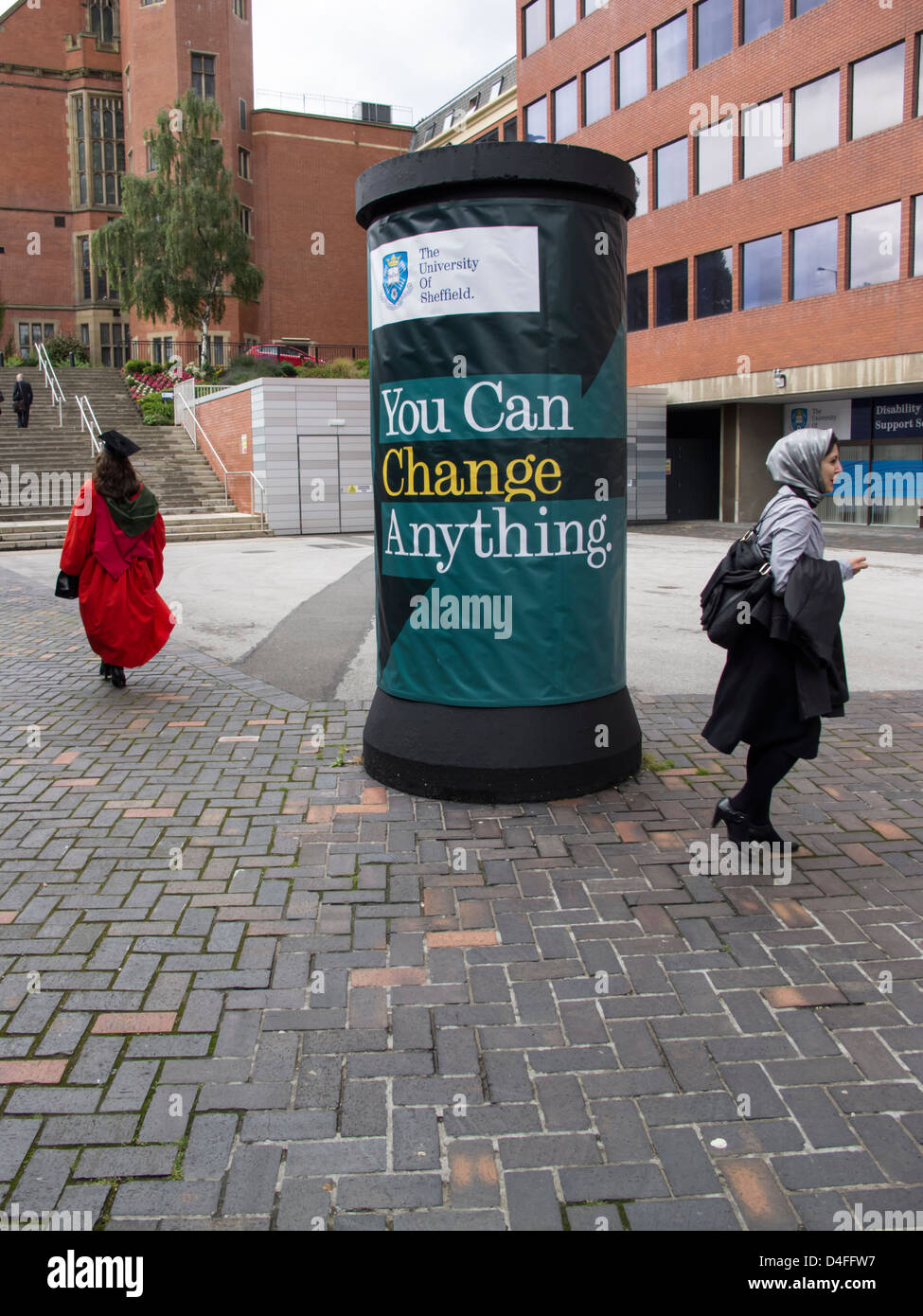 You Can Change Anything slogan on large pillar  at University of Sheffield campus South Yorkshire England Stock Photo