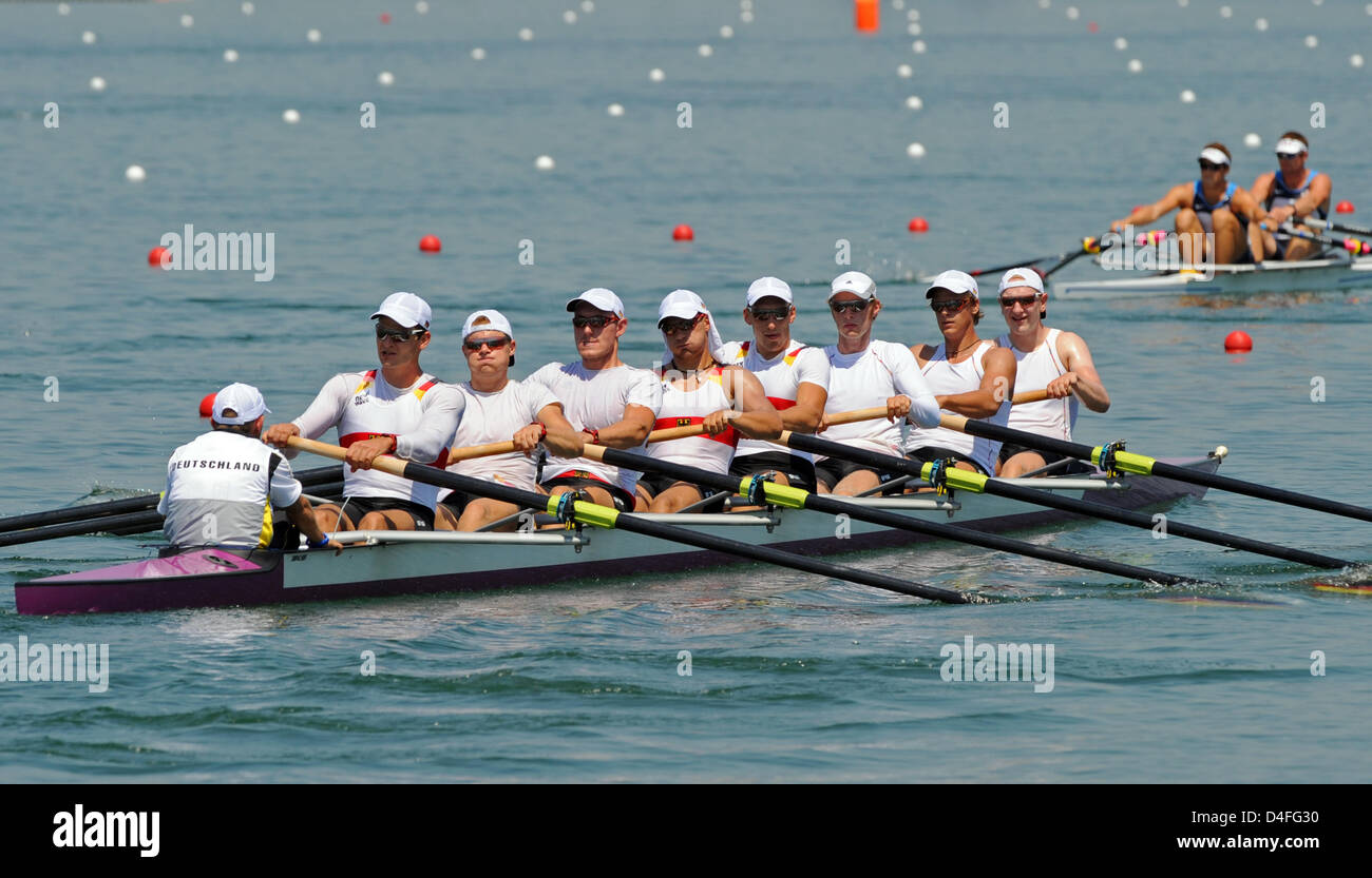 Germany 's men's rowing eight is pictured during a practice session on the rowing course in Beijing, China, 03 August 2008. The Beijing 2008 Olympic Games will open on 08 August in the Chinese capital. Photo: Peer Grimm Stock Photo