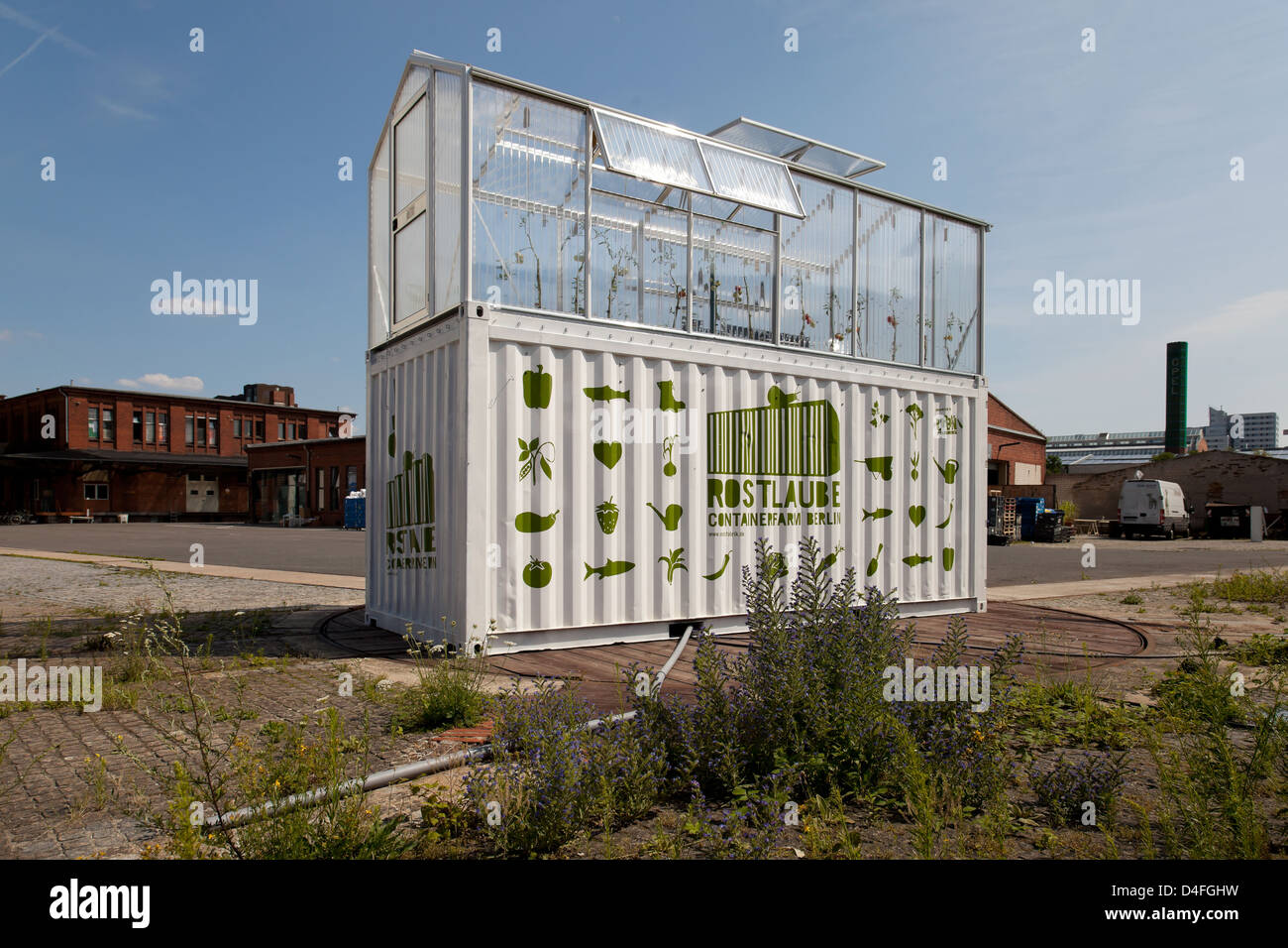 Berlin, Germany, container farm on the grounds of the malting Stock ...