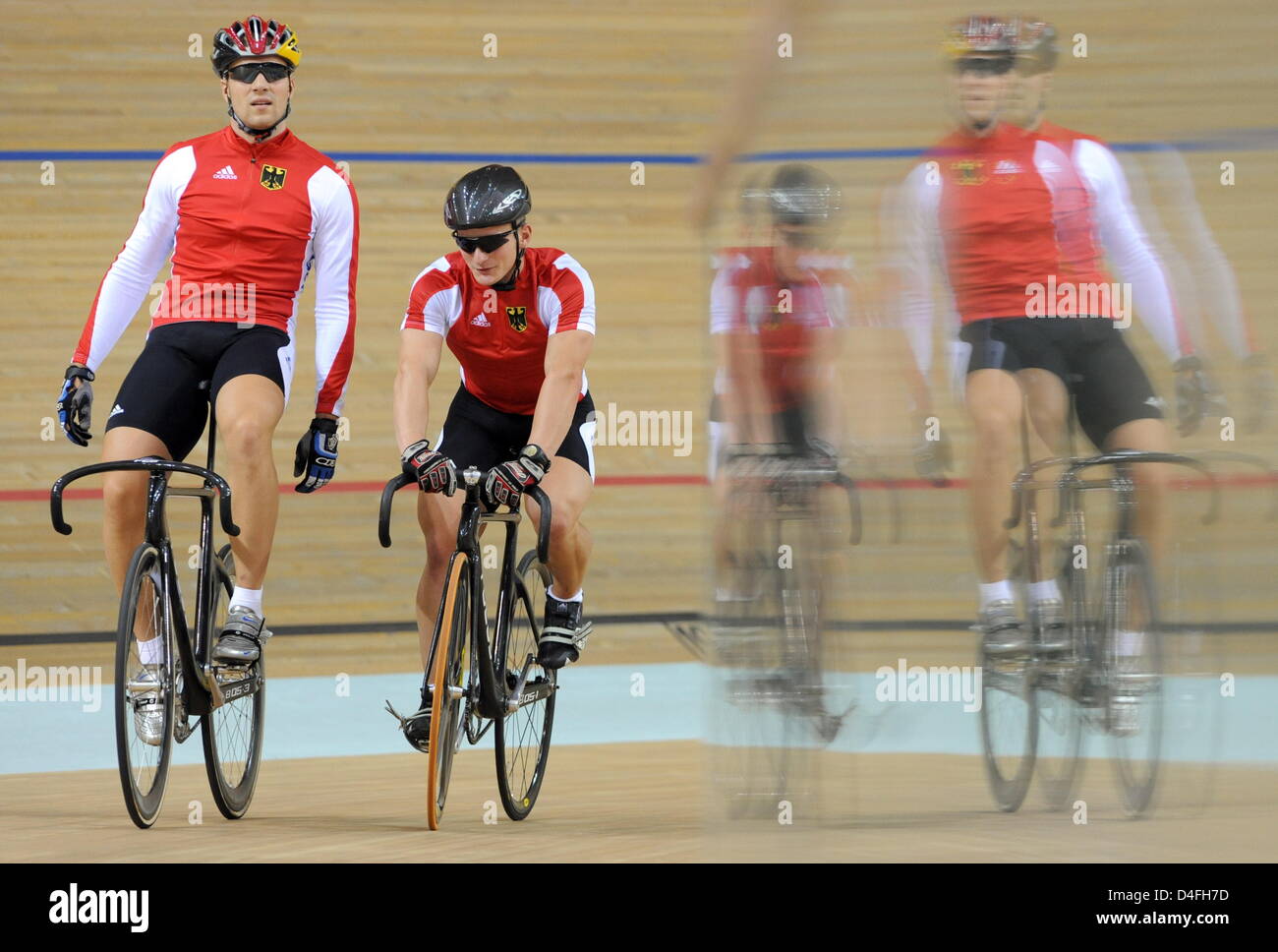 Maximilian Levy (L) and Rene Enders of the German track cycling team trains in the Laoshan Velodrome in preparation of the Beijing 2008 Olympic Games, Beijing, China, 7 August 2008. Photo: Peer Grimm (c) dpa - Bildfunk Stock Photo