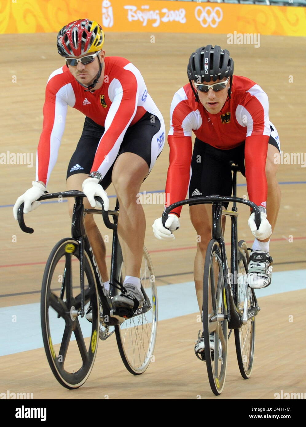 Carsten Bergemann and Stefan Nimke of the German track cycling team trains in the Laoshan Velodrome in preparation of the Beijing 2008 Olympic Games, in Beijing, China, 07 August 2008. Photo: Peer Grimm (c) dpa - Bildfunk Stock Photo