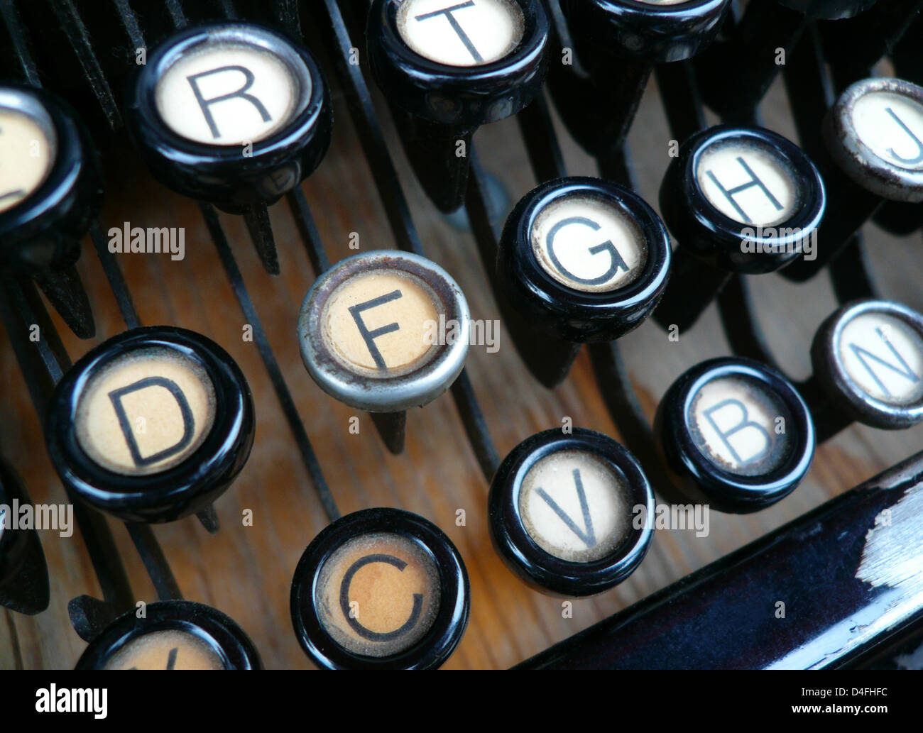 The keyboard of an old mechanical typewriter labelled with capital
