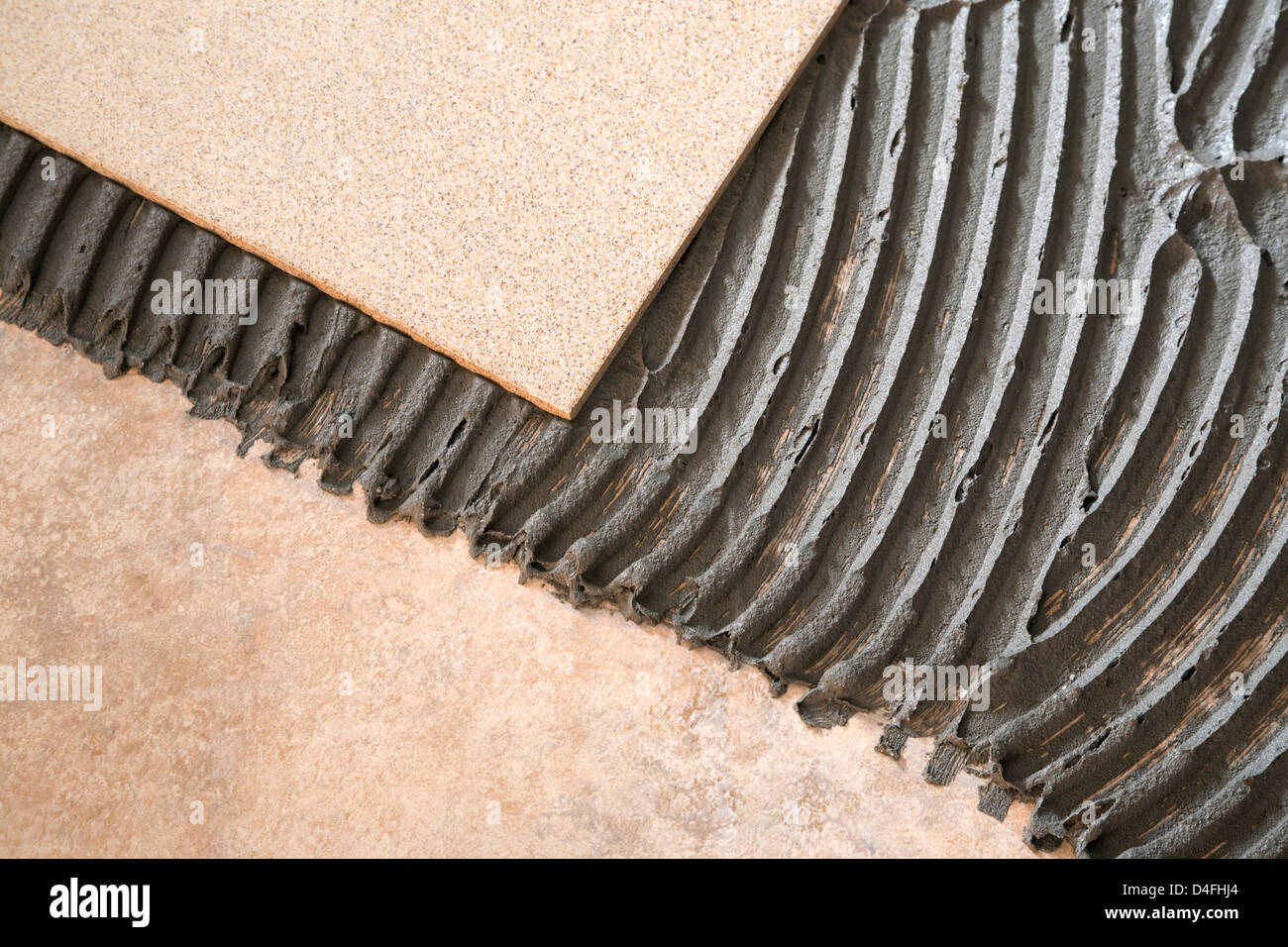 mounting plate on the under layer of tile adhesive Stock Photo