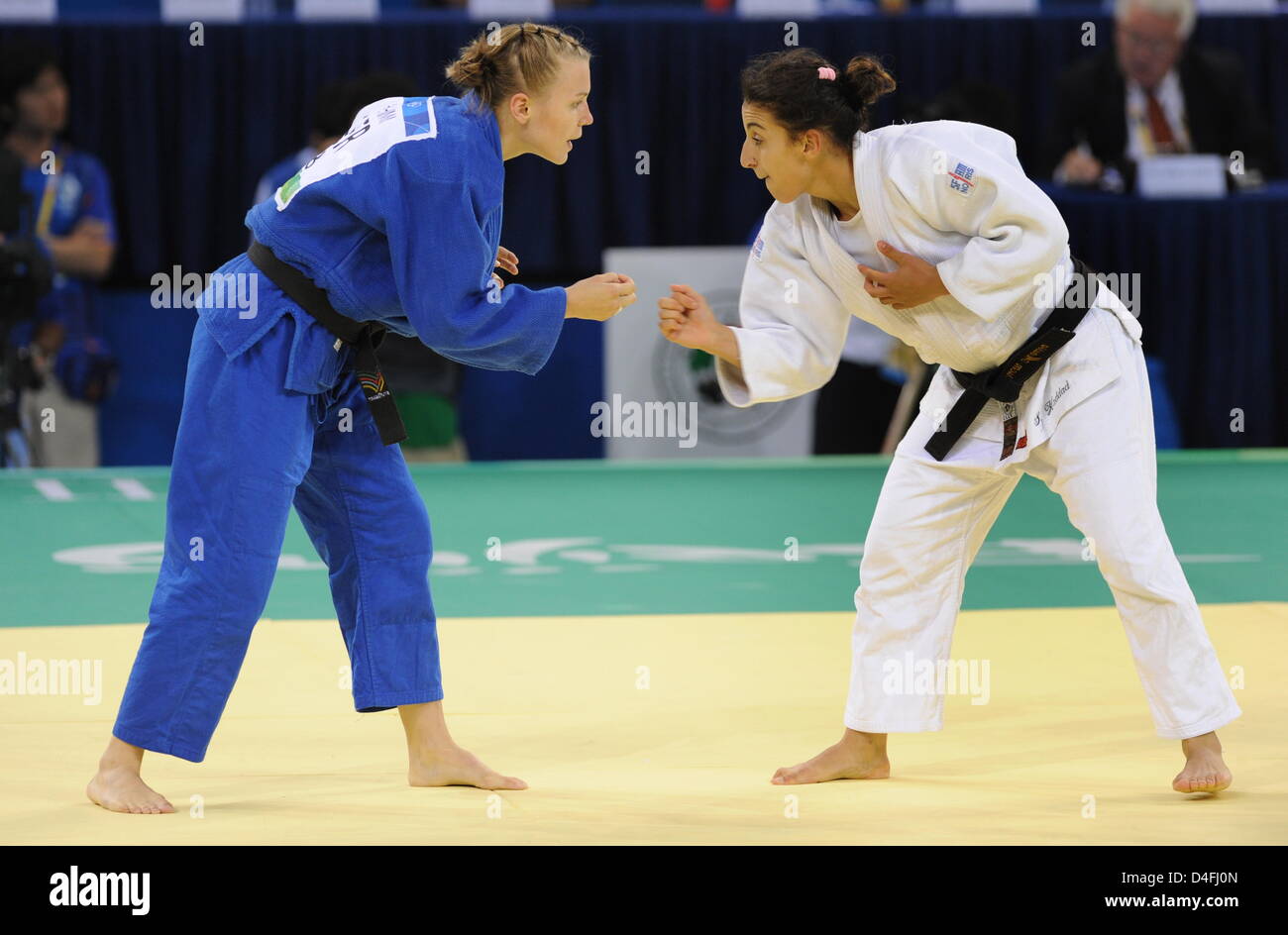 Michaela Baschin (L) of Germany competes against Meriem Moussa of Algeria in the first round in the 48kg category of the women's judo events in the Beijing Science and Technology University Gymnasium (STG) at the Beijing 2008 Olympic Games, Beijing, China, 9 August 2008. Photo: Peer Grimm (c) dpa - Bildfunk Stock Photo