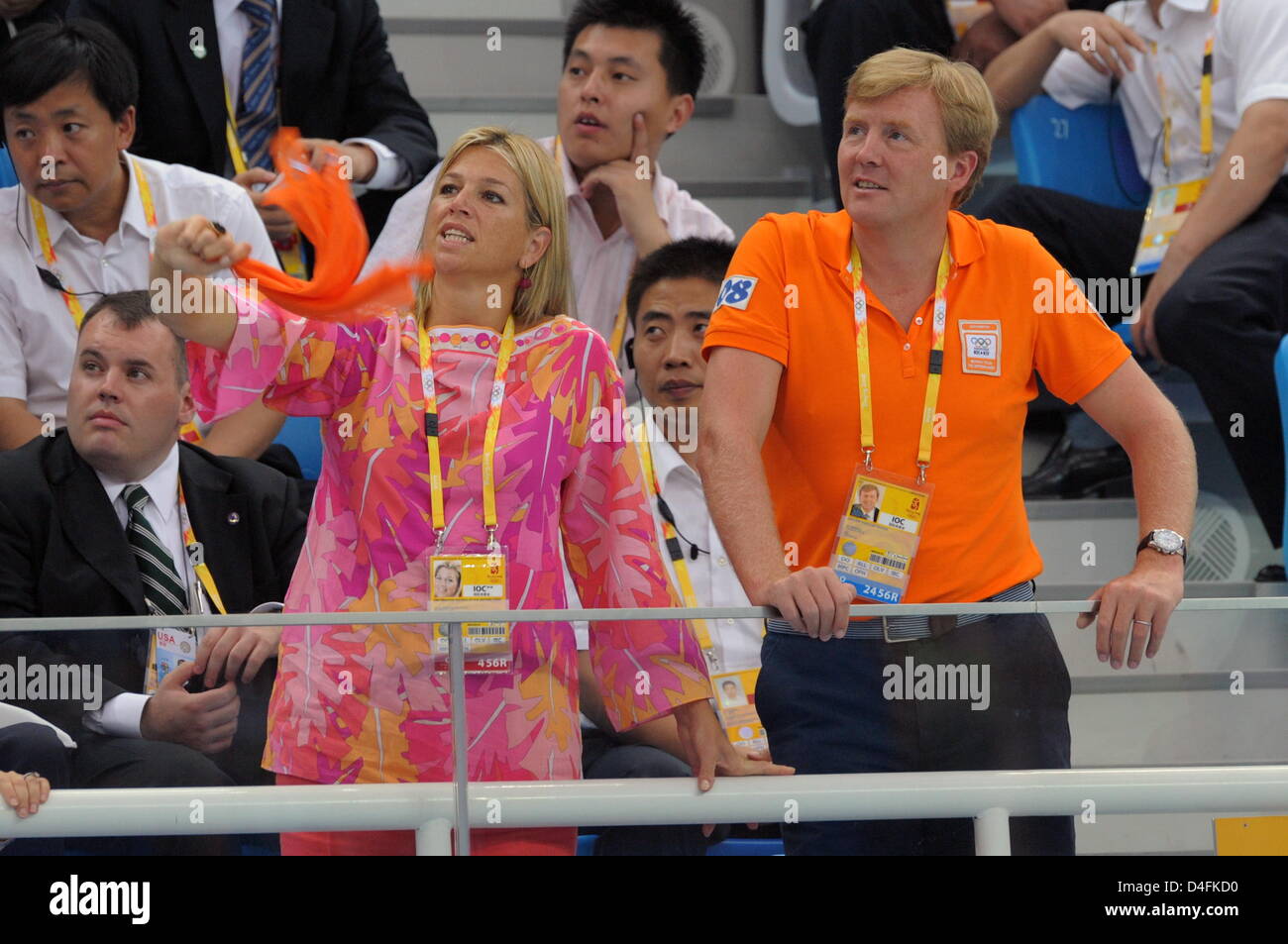 Prince Willem-Alexander and Princess Maxima of the Netherlands celebrate after the Netherlands women's 4x100 freestyle relay team won the gold medal with a time of 3:33.76 during the 2008 Olympics at the National Aquatics Center in Beijing, China 10 August 2008. Photo: Bernd Thissen dpa (c) dpa - Bildfunk Stock Photo