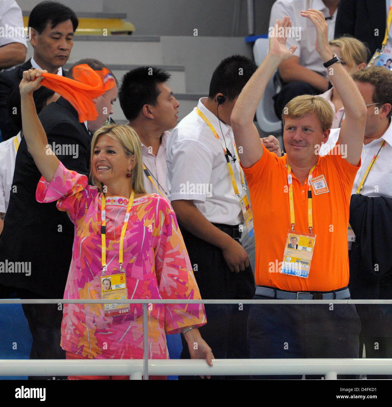 Prince Willem-Alexander and Princess Maxima of the Netherlands celebrate after the Netherlands women's 4x100 freestyle relay team won the gold medal with a time of 3:33.76 during the 2008 Olympics at the National Aquatics Center in Beijing, China 10 August 2008. Photo: Bernd Thissen dpa (c) dpa - Bildfunk Stock Photo