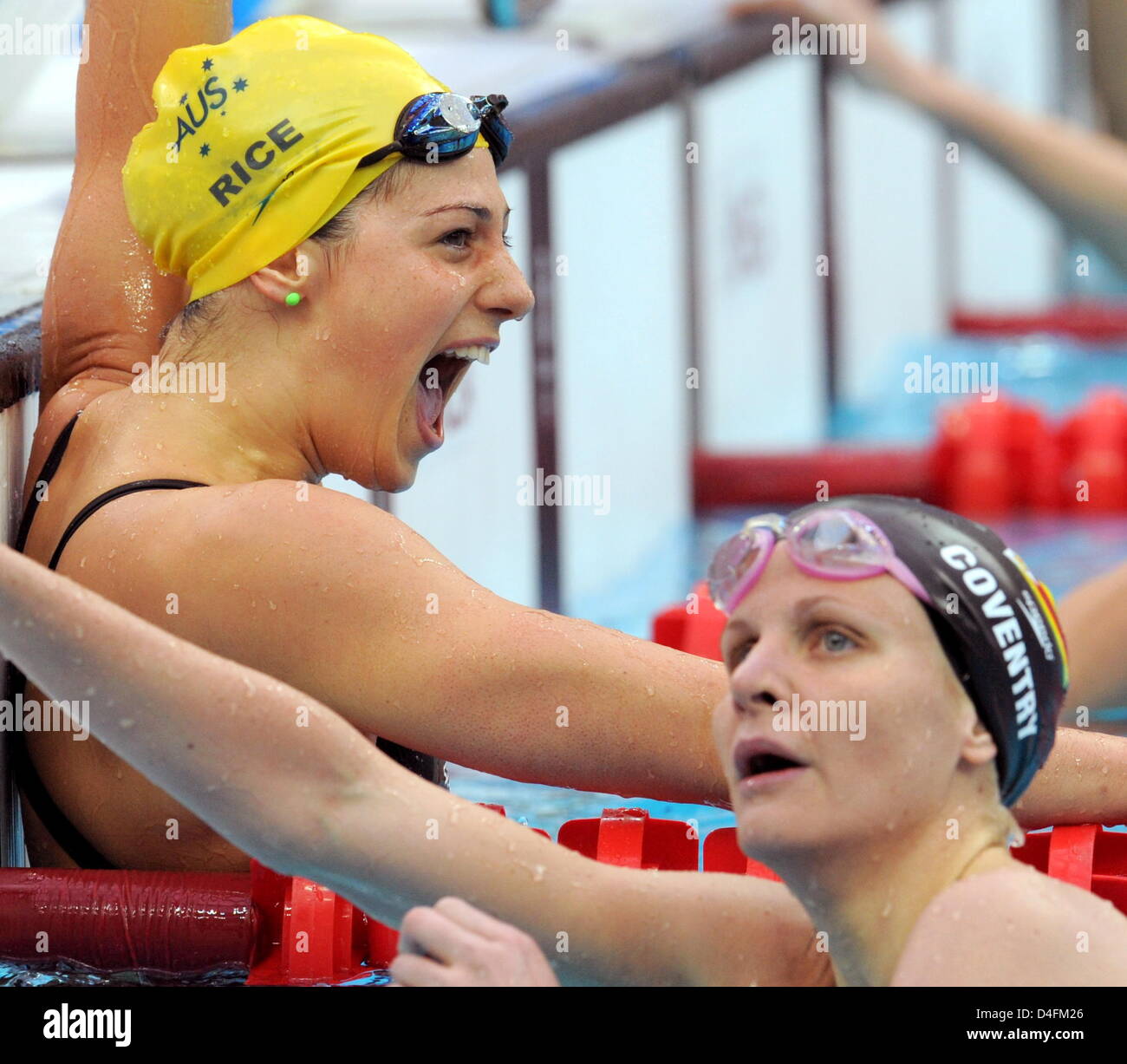 Stephanie Rice of Australia (L) cleberates beside Kirsty Coventry of ...