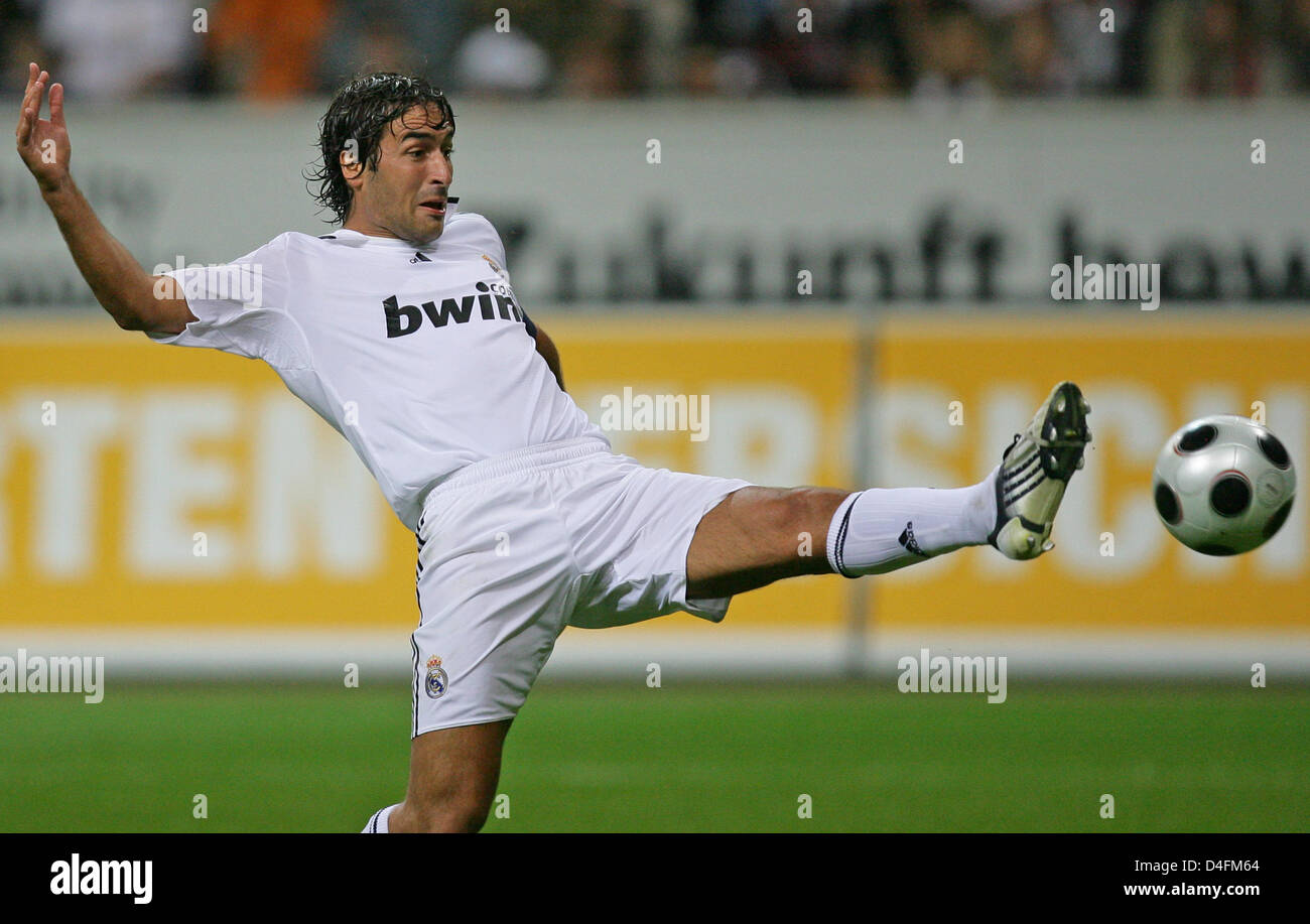 Real Madrid's Raul Gonzalez kicks the ball during the test match