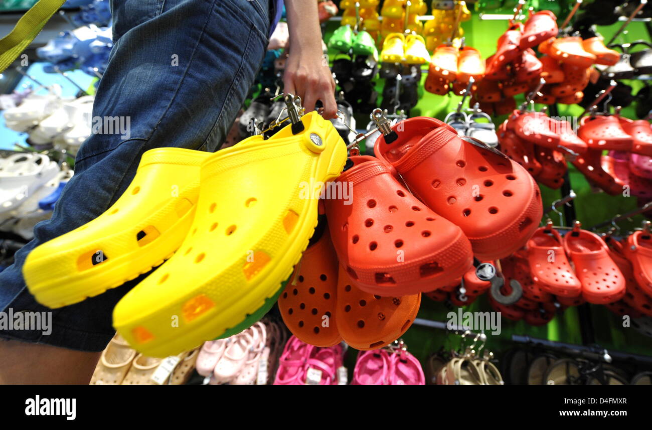 Galoshes of the brand 'Crocs' captured in a store of Munich, Germany, 14  August 2008. 'Crocs' galoshes are banned in all hospitals of Vienna,  Austria as the footgear charges electrostatically in a