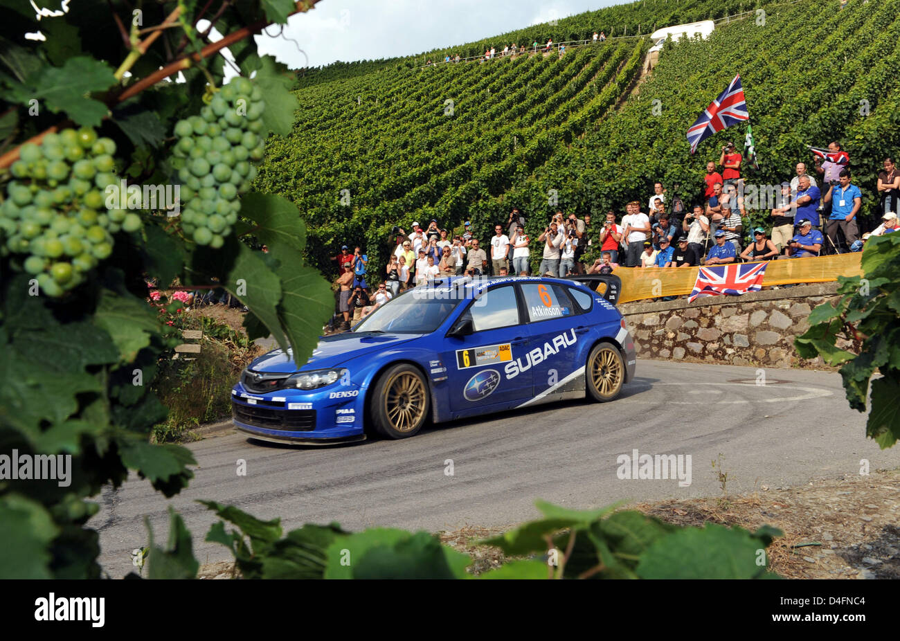 Australian Christopher Atkinson and his co-pilot Stephane Prevot seen in action in their Subaru Impreza WRC during the 'Moseland' stage of 'ADAC Rallye Deutschland' in Piesport, Germany, 15 August 2008. 'Rallye Deutschland' features 19 legs until Sunday, 17 August 2008. Photo: HARALD TITTEL Stock Photo