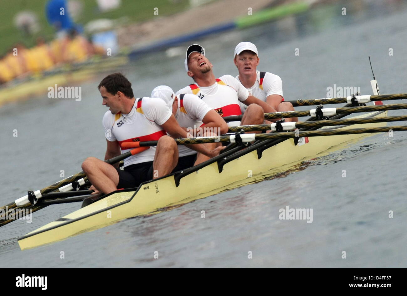 German Stephan Krueger, René Bertram, Hans Gruhne and Christian Schreiber reacts after the Men's Quadruple Sculls rowing Final at the Shunyi Olympic Rowing Park at the Beijing 2008 Olympic Games, Beijing, China, 17 August 2008. Photo: JENS BUETTNER ###dpa### Stock Photo