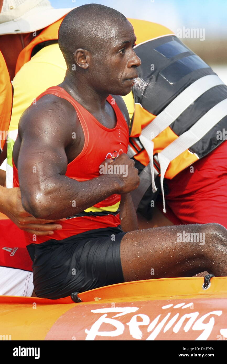 Luis Fortunato Pavavira from Angola sits in the life boat after falling