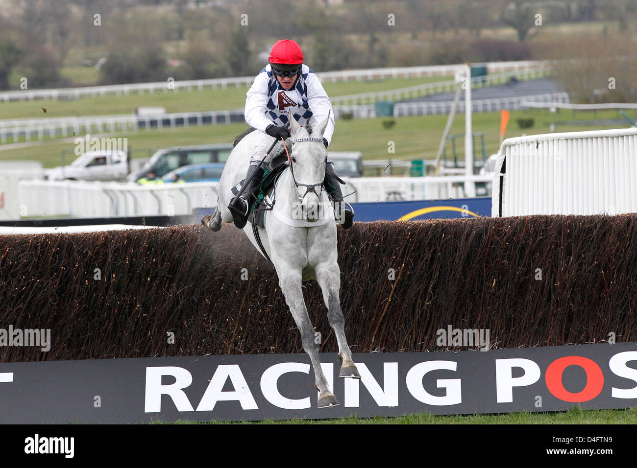 12.03.2013 - Cheltenham; Simonsig, ridden by Barry Geraghty jumping the final fence at the Racing Post Arkle Challenge Trophy Chase Grade 1. Credit: Lajos-Eric Balogh/turfstock.com Stock Photo