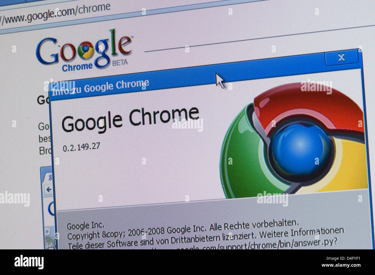 (dpa file) - The logo of new Google internet browser 'Chrome' is seen on a computer screen in Schwerin, Germany, 04 September 2008. Larry Page and Sergey Brin founded the internet search engine Google ten years ago, on 07 September 1998. Photo: Jens Buettner Stock Photo