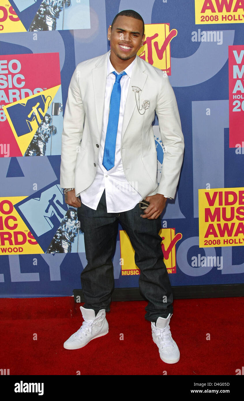 Musician Chris Brown arrives at the 2008 MTV Video Music Awards at Paramount Studios in Hollywood, Los Angeles, USA, 07 September 2008. Photo: Hubert Boesl Stock Photo