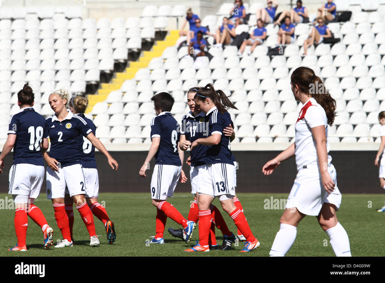 Cyprus,Nicosia:Kim Little and her partners celebrate a goal during the match between Scotland vs Netherlands for Cyprus Football Womens Cup in Nicosia on March 13,2013 Stock Photo