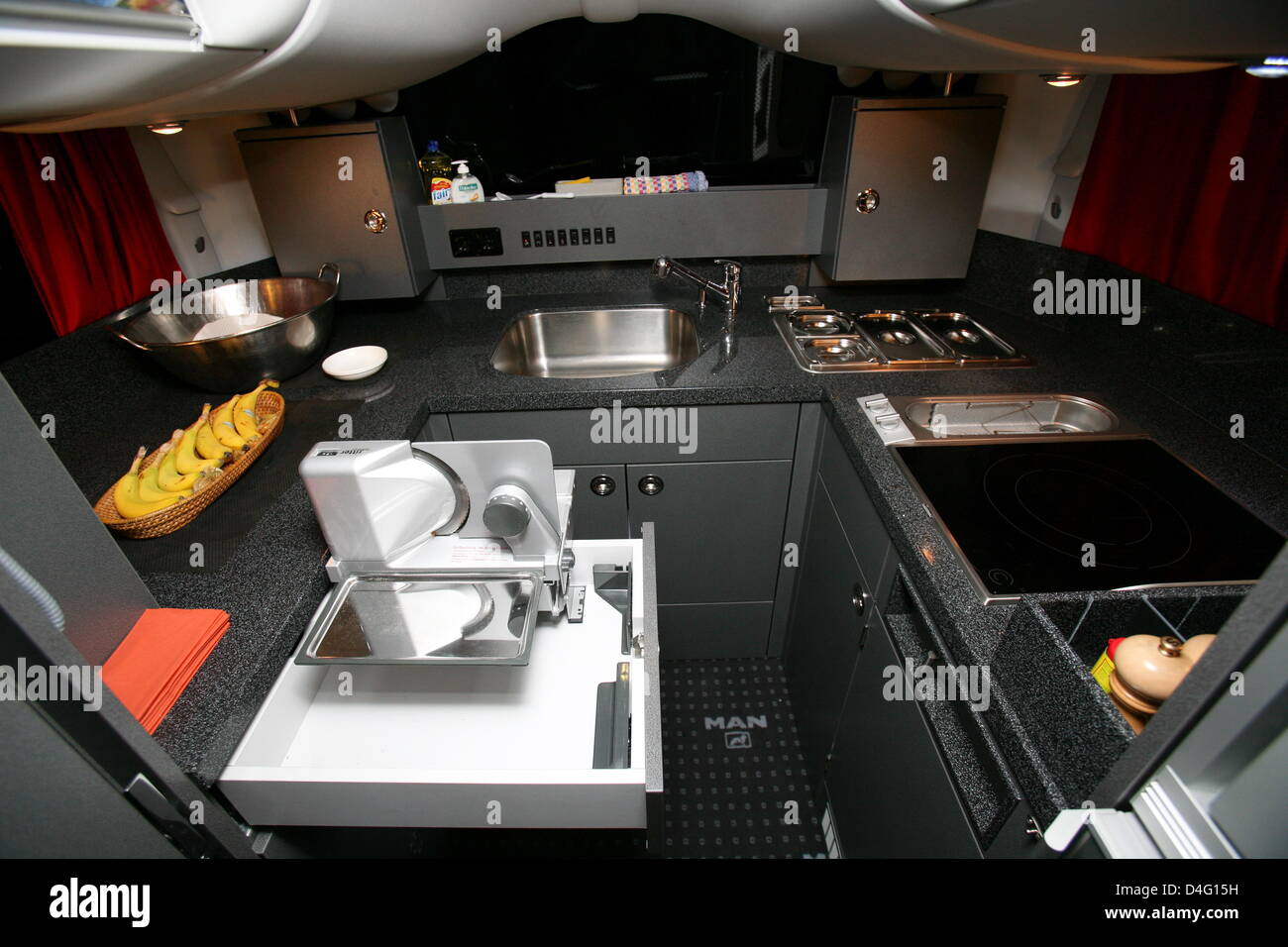 The picture shows the kitchen of the new team bus of Bundesliga club FC  Bayern Munich in Munich, Germany, 11 September 2008. The MAN Lions Coach L  Supreme offers extra equipment such