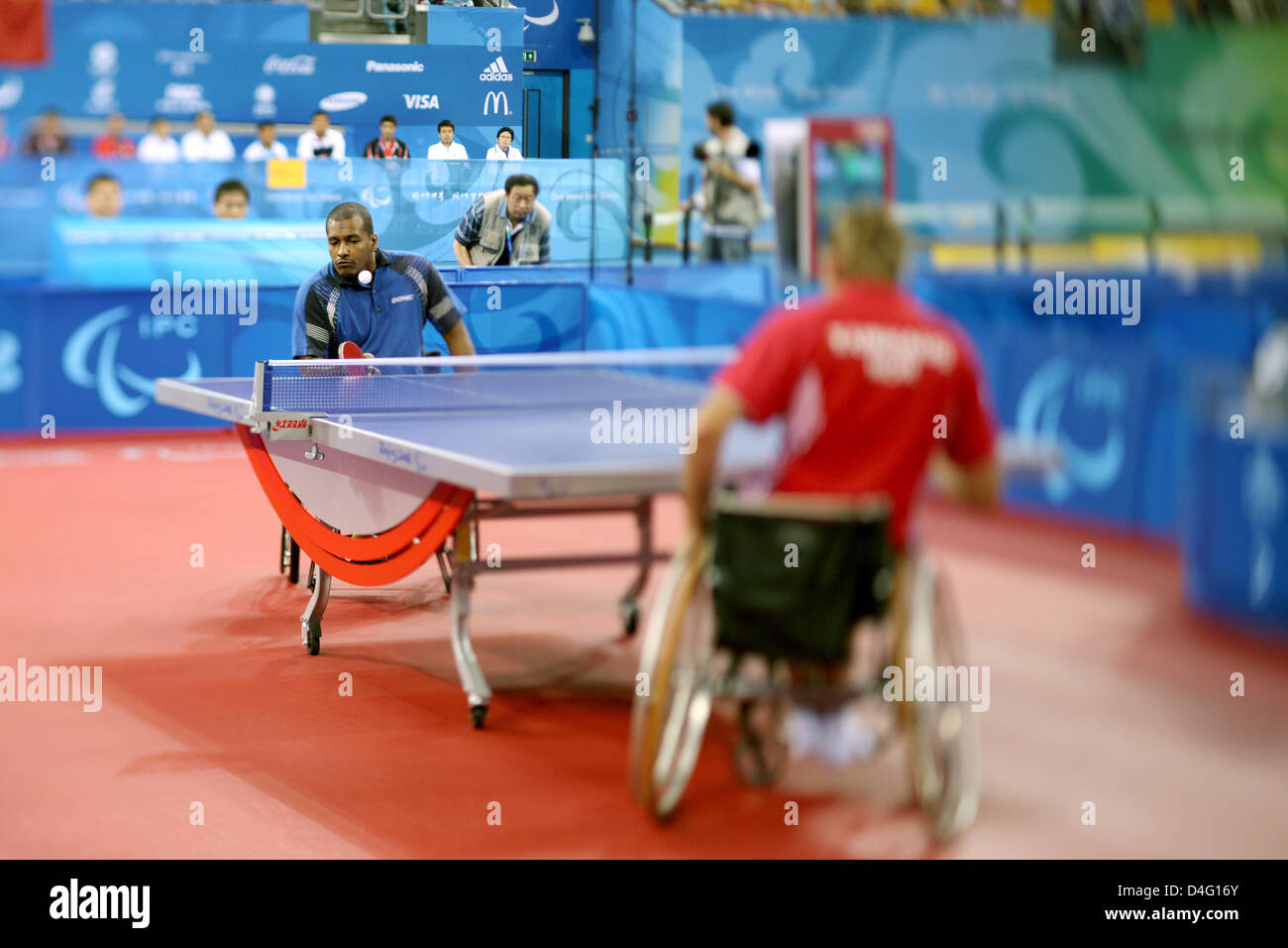 Egyptian table tennis player Sameh Saleh (L) faces Norwegian Tommy
