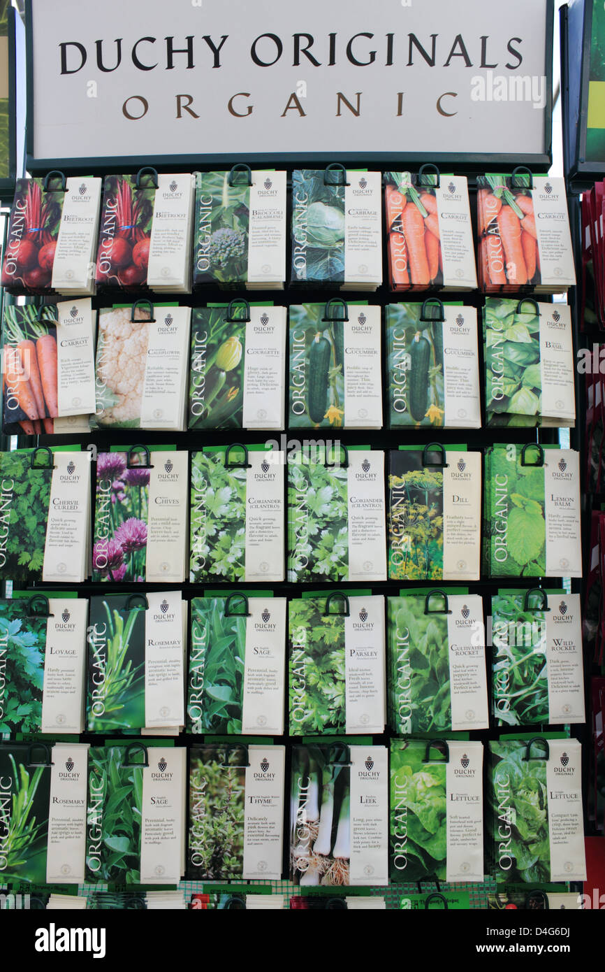 Duchy originals organic, packets of seeds for sale at a garden centre