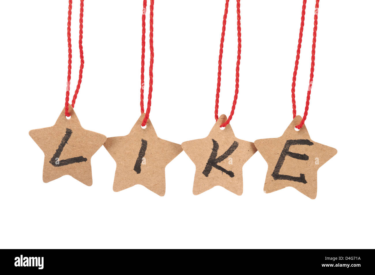 Like word spelled with paper stars are hung by ropes, isolated against white background Stock Photo