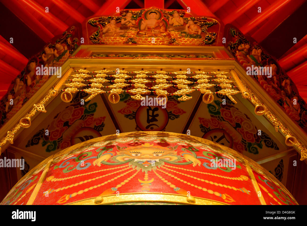 Closeup of Prayer Wheel in Buddha Tooth Relic Temple, Chinatown, Singapore Stock Photo