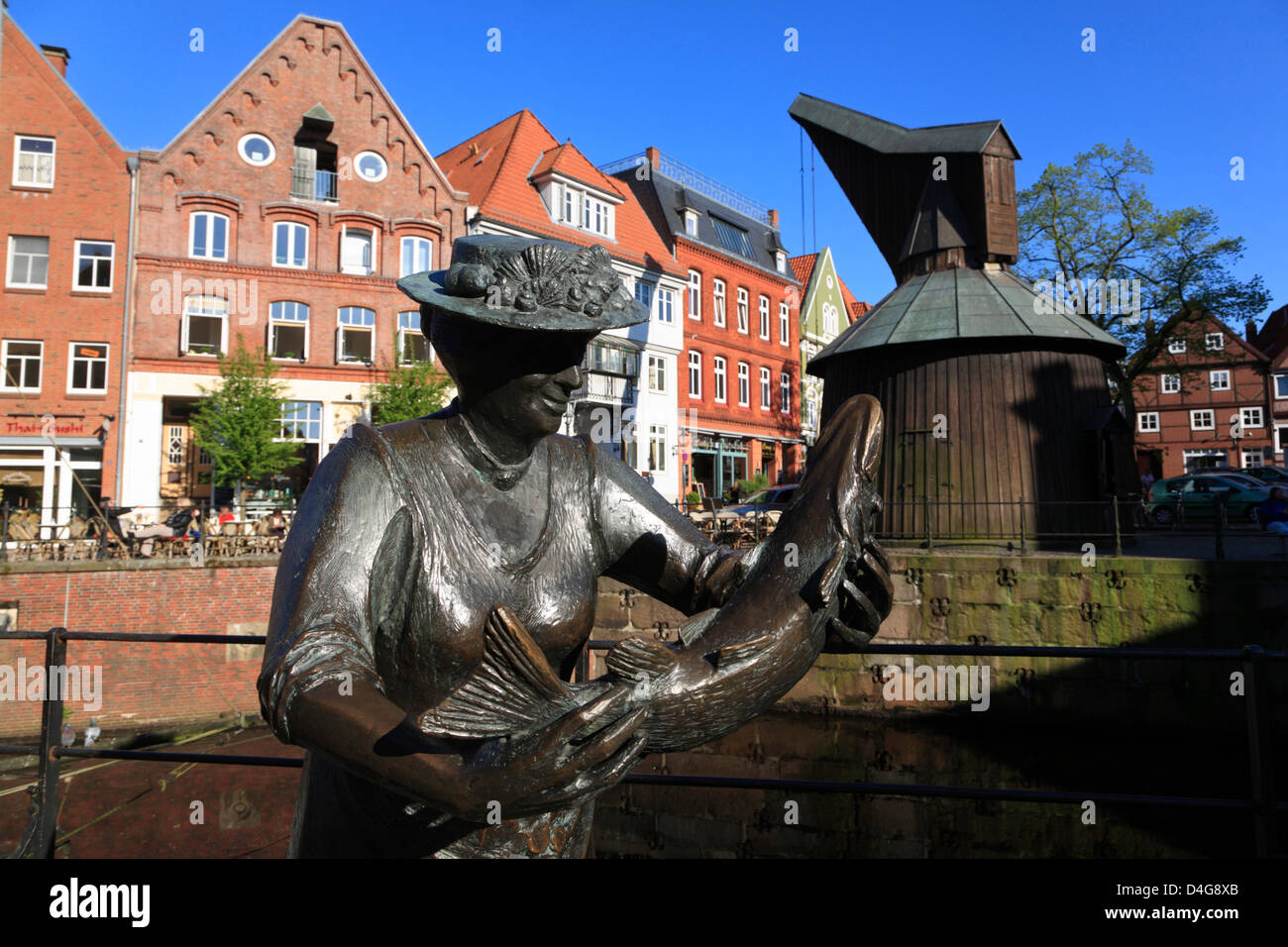 Altes Land area, Stade, fisher-woman in the old harbor and old ...