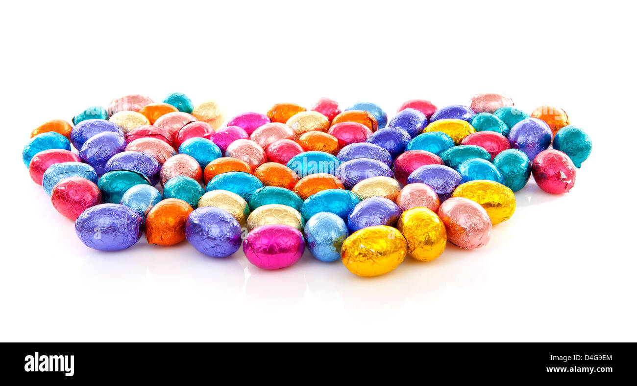 Colorful chocolate easter eggs over white background Stock Photo