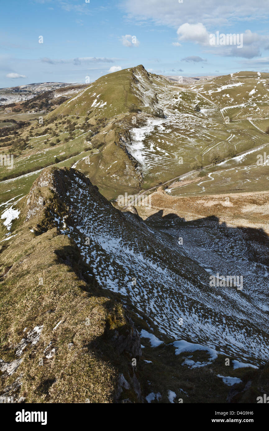 View from the summit of Parkhouse Hill towards Chrome Hill, Upper Dove Valley, Peak District national Park, Derbyshire, England Stock Photo