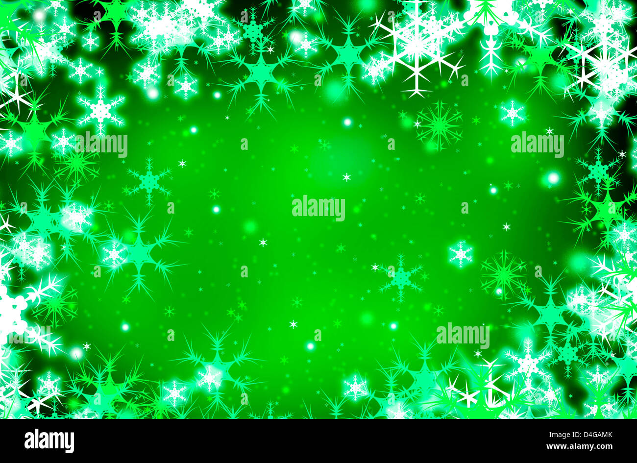 Green Christmas background textured with flakes of snow Stock Photo