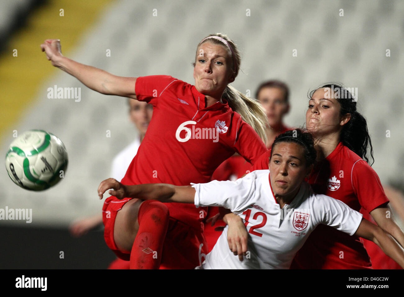 CYPRUS,NICOSIA-MARCH 9:Cara Williams and Kaylyn Kyle during the game between England and Canada for the Final of Cyprus Football Womens Cup in Nicosia on March 13,2013 Stock Photo