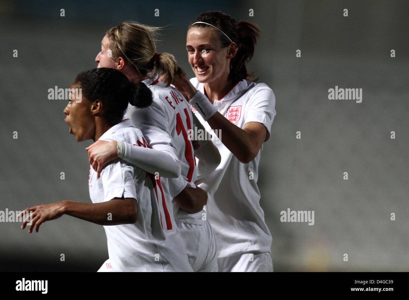 CYPRUS,NICOSIA-MARCH 9:Rachel Yankey of England celebrate a goal   during the game between England and Canada for the Final of Cyprus Football Womens Cup in Nicosia on March 13,2013 Stock Photo