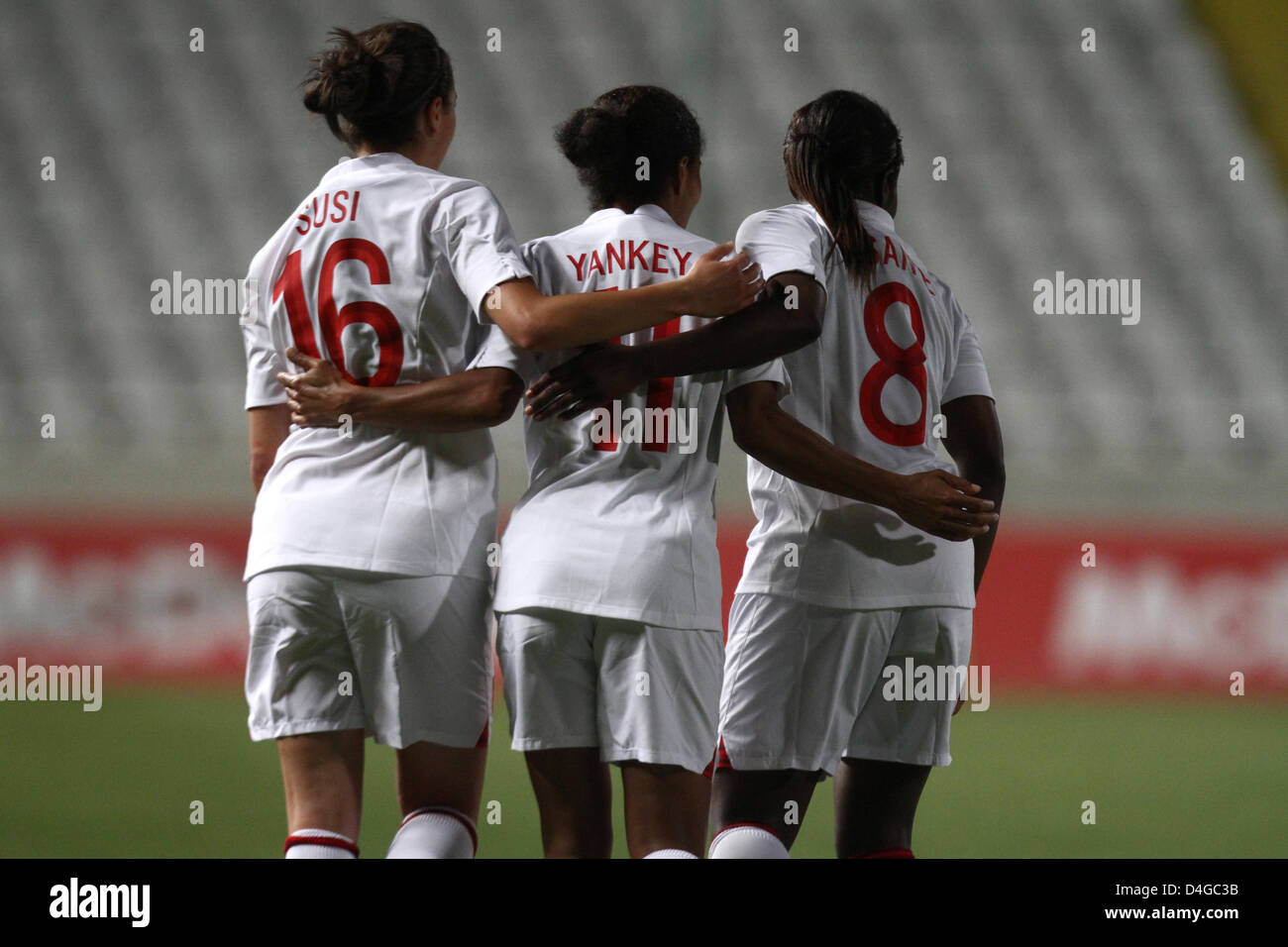 CYPRUS,NICOSIA-MARCH 9:Rachel Yankey of England celebrate a goal   during the game between England and Canada for the Final of Cyprus Football Womens Cup in Nicosia on March 13,2013 Stock Photo